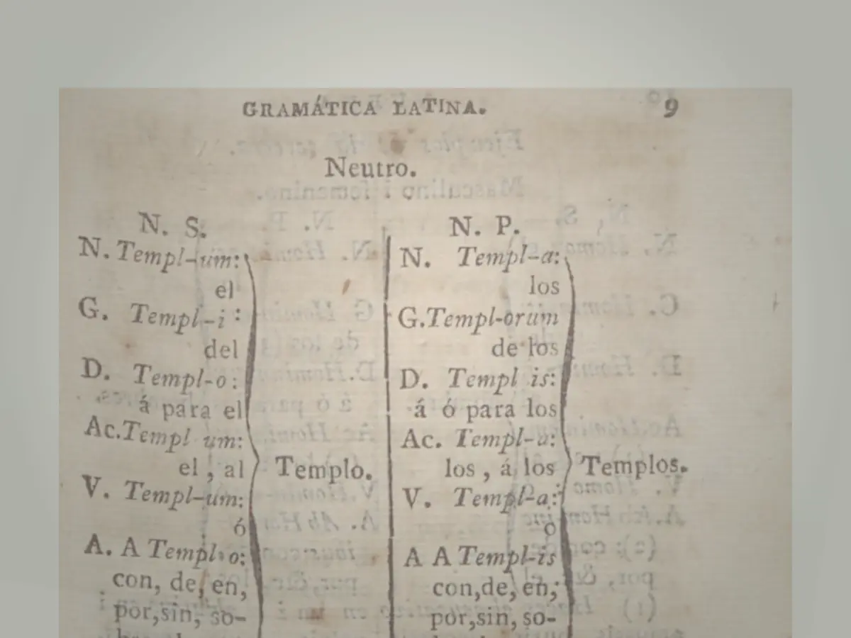 A declension table from an 1821 Spanish-language Latin grammar printed in Madrid