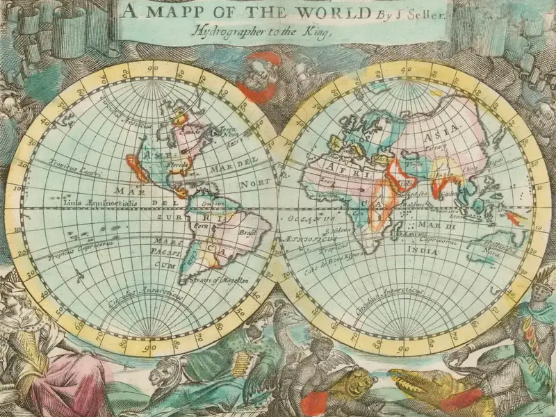 A hand-coloured seventeenth-century map of the world in two hemispheres